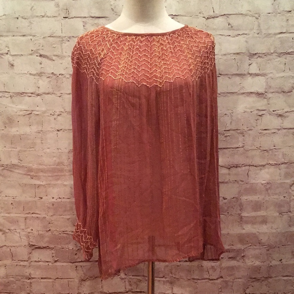 LOVE SAM Anthropologie Metallic Gauze Peasant Top